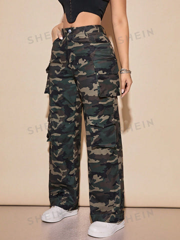 Camo Print Flap Pocket Cargo Pants