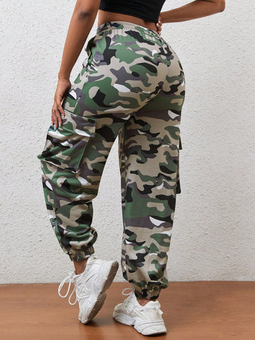Camo Print Flap Pocket Side Drawstring Waist Cargo Sweatpants