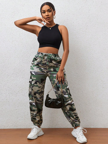 Camo Print Flap Pocket Side Drawstring Waist Cargo Sweatpants