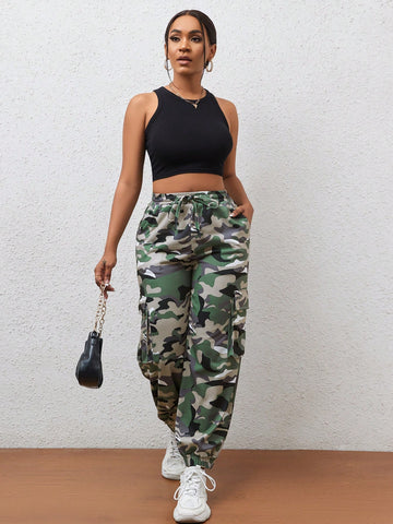 Camo Print Flap Pocket Side Drawstring Waist Cargo Sweatpants