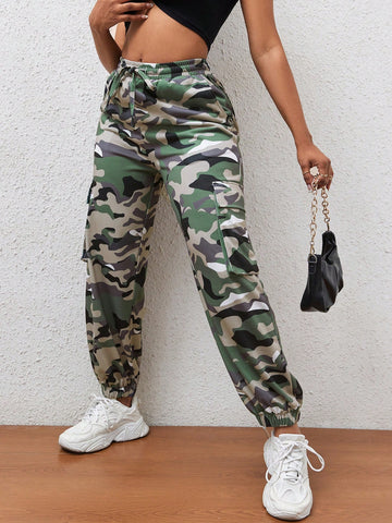 Camo Print Flap Pocket Side Drawstring Waist Cargo Sweatpants