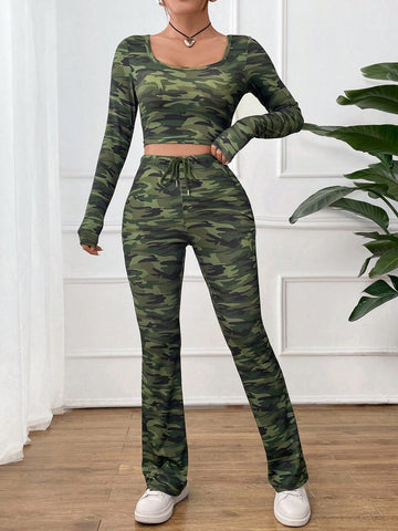 Camouflage Long Sleeve Crop Top And Long Pants Set