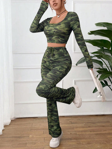 Camouflage Long Sleeve Crop Top And Long Pants Set