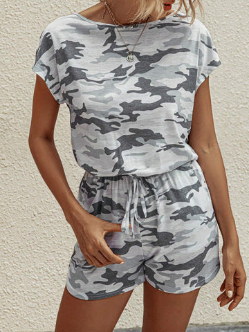 Camouflage Print Oblique Shoulder Top And Short Sleeve Casual Romper