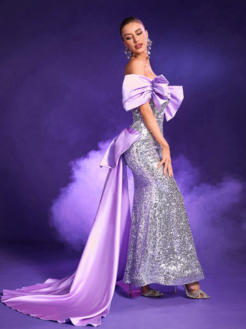 Candra Patchwork Bow Sequin Maxi Dress