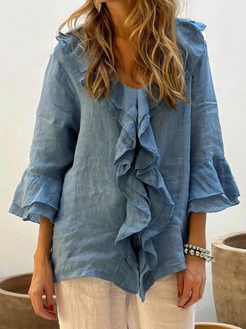 New Arrival Straight Shoulder Double-Layer Ruffle Textured Linen 3/4 Sleeve Loose Blouse