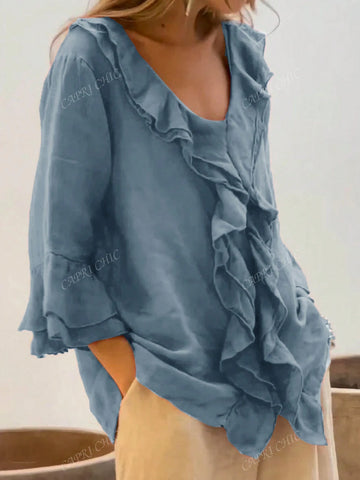 New Arrival Straight Shoulder Double-Layer Ruffle Textured Linen 3/4 Sleeve Loose Blouse