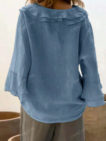 New Arrival Straight Shoulder Double-Layer Ruffle Textured Linen 3/4 Sleeve Loose Blouse