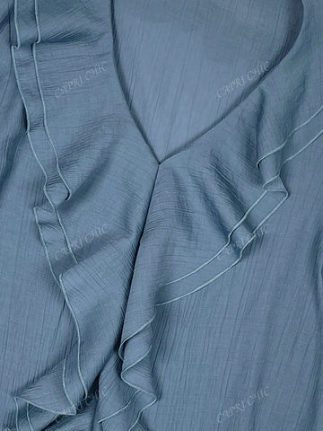 New Arrival Straight Shoulder Double-Layer Ruffle Textured Linen 3/4 Sleeve Loose Blouse