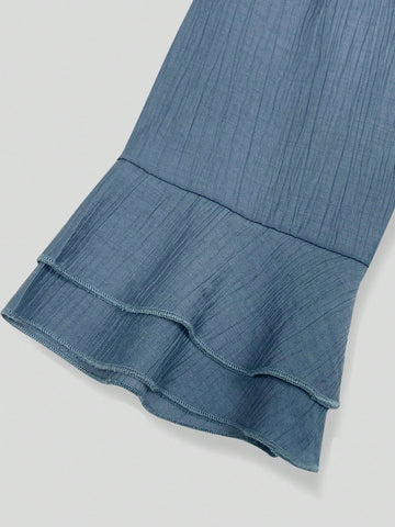 New Arrival Straight Shoulder Double-Layer Ruffle Textured Linen 3/4 Sleeve Loose Blouse