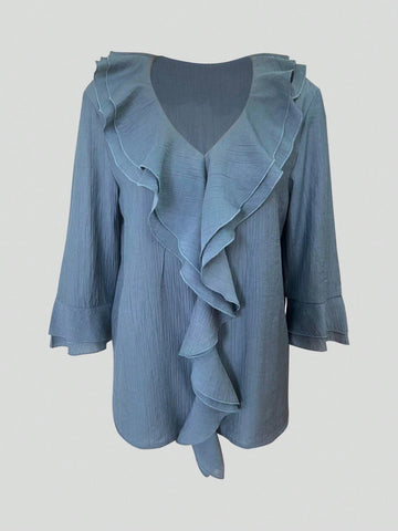 New Arrival Straight Shoulder Double-Layer Ruffle Textured Linen 3/4 Sleeve Loose Blouse