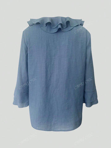 New Arrival Straight Shoulder Double-Layer Ruffle Textured Linen 3/4 Sleeve Loose Blouse