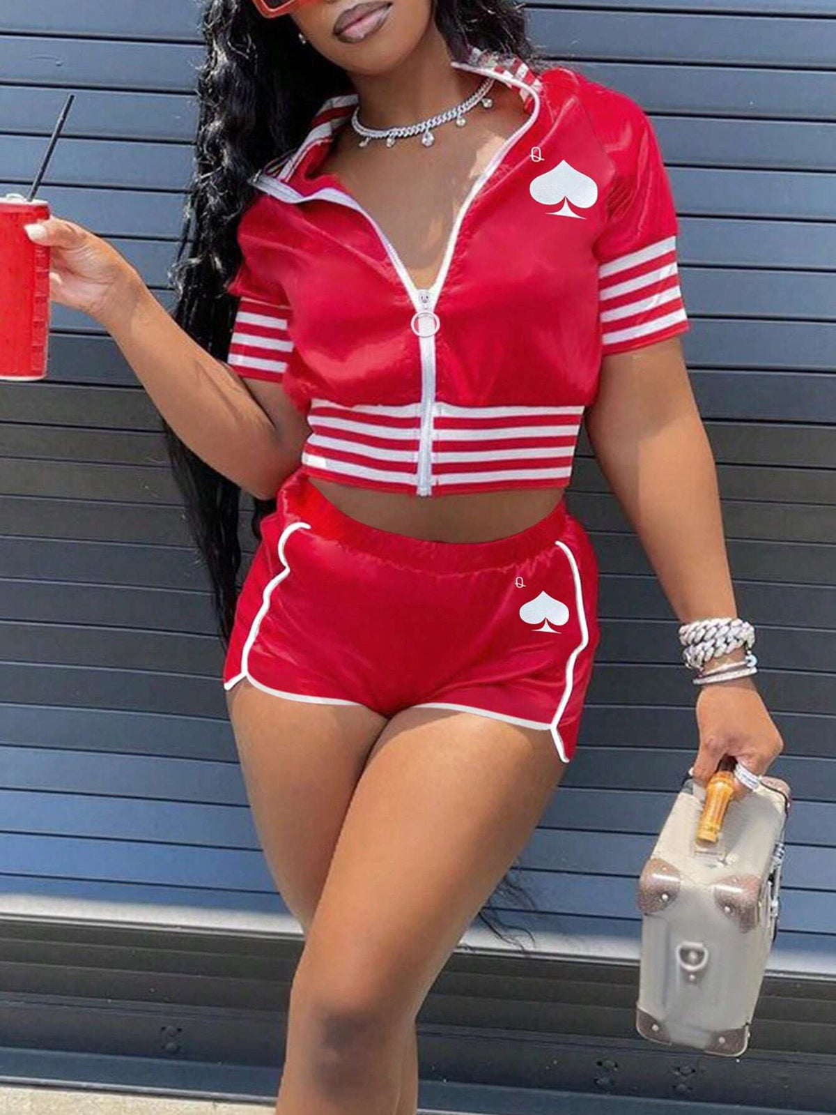 Card Print Striped Patchwork Zip Front Top And Shorts Set