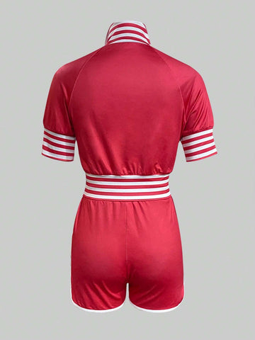 Card Print Striped Patchwork Zip Front Top And Shorts Set