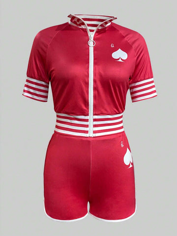 Card Print Striped Patchwork Zip Front Top And Shorts Set