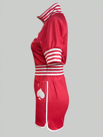 Card Print Striped Patchwork Zip Front Top And Shorts Set
