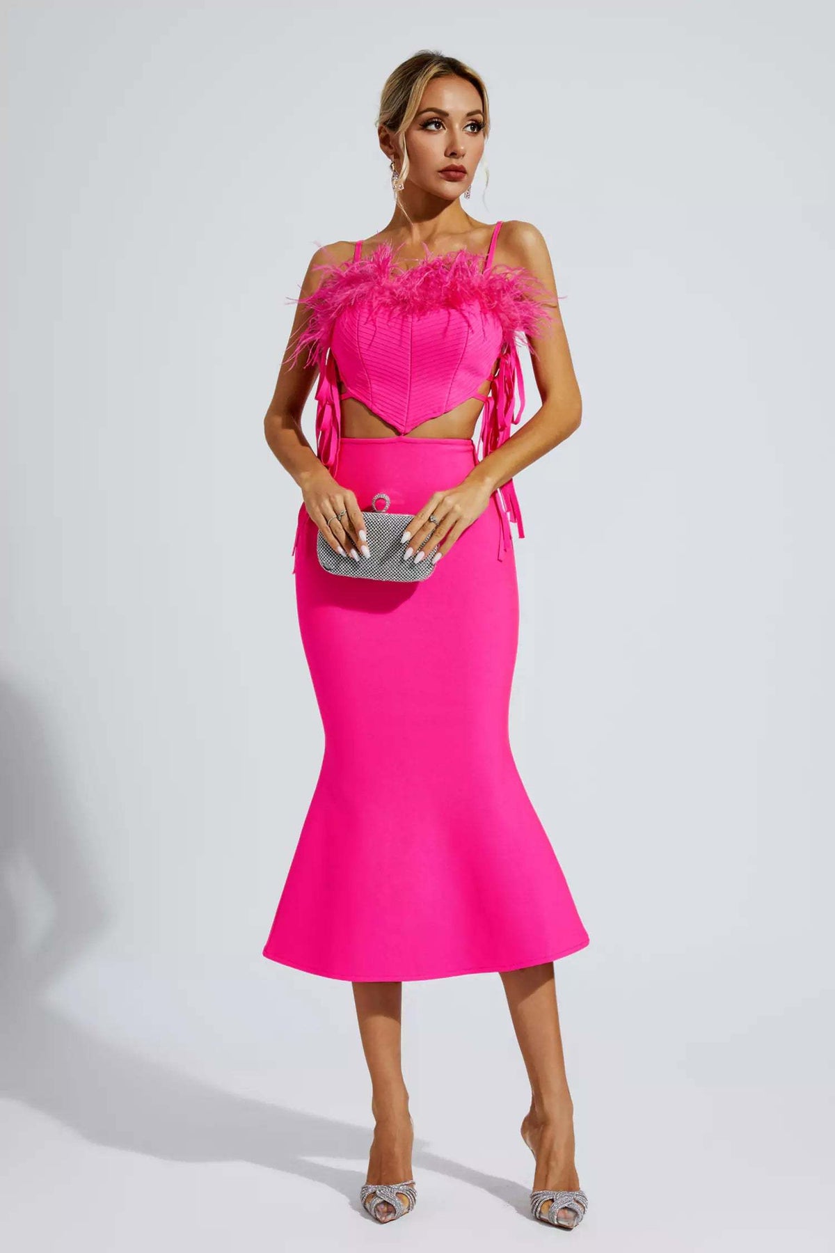 Carter Pink Feather Bandage Midi Dress