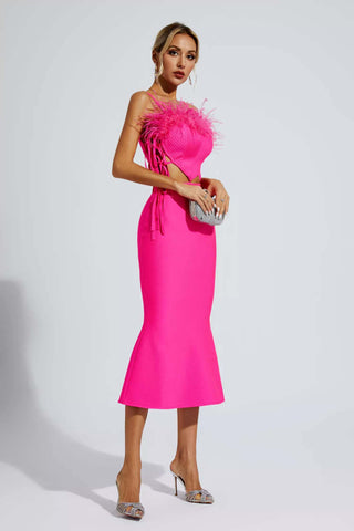 Carter Pink Feather Bandage Midi Dress