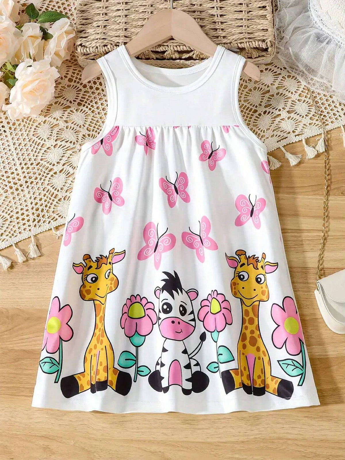 Cartoon Animal Print Girls' Sleeveless Tent Dress, Comfy & Breathable Holiday Dress