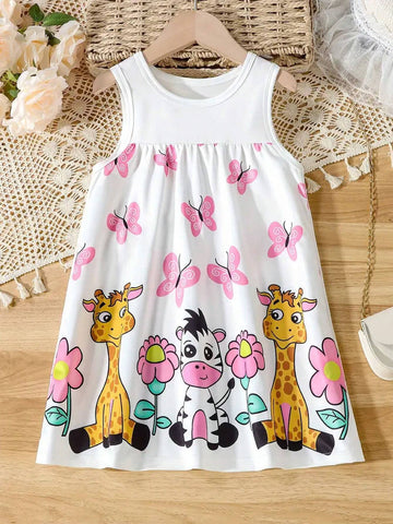 Cartoon Animal Print Girls' Sleeveless Tent Dress, Comfy & Breathable Holiday Dress