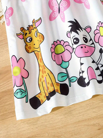 Cartoon Animal Print Girls' Sleeveless Tent Dress, Comfy & Breathable Holiday Dress