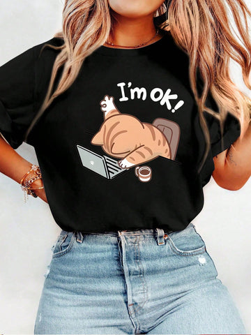 Cartoon Cat Laying On Laptop Print Cute Short Sleeve T-Shirt For Women