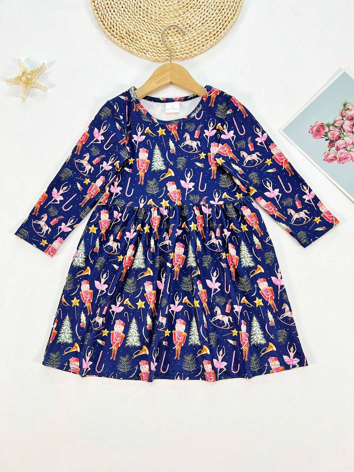 Cartoon Christmas Tree Digital Print Long Sleeve Casual Dress For Little Girls