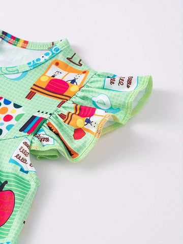 Cartoon Fruit Pencil Graphic Flutter Trim Dress Girls Summer Back To School