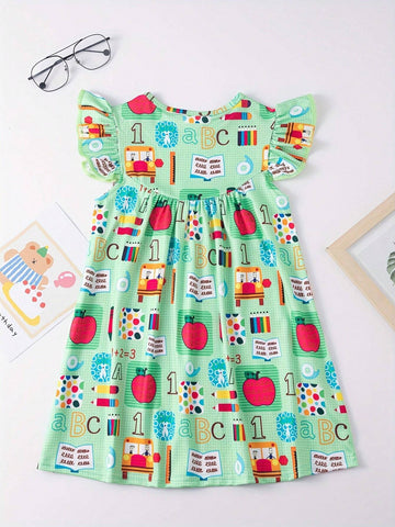 Cartoon Fruit Pencil Graphic Flutter Trim Dress Girls Summer Back To School