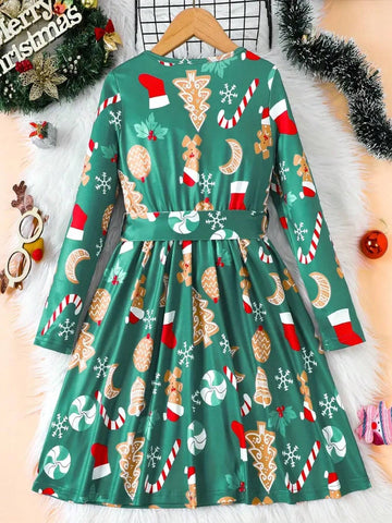 Cartoon Gingerbread Man Graphic Long-Sleeved Dress For Little Girls Comfortable Clothes For Children's Christmas Presents