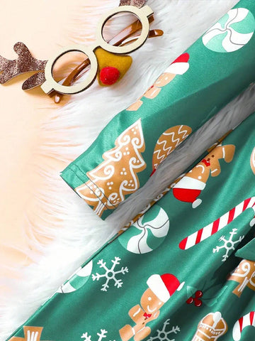 Cartoon Gingerbread Man Graphic Long-Sleeved Dress For Little Girls Comfortable Clothes For Children's Christmas Presents