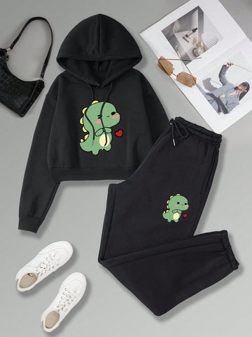 Cartoon Pattern Drawstring Hooded Casual 2pcs/set