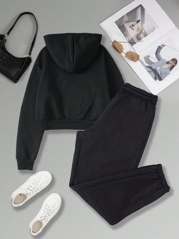 Cartoon Pattern Drawstring Hooded Casual 2pcs/set
