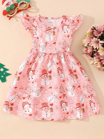Cartoon Print Cap Sleeve Round Neck Casual Dress For Young Girls
