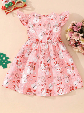 Cartoon Print Cap Sleeve Round Neck Casual Dress For Young Girls