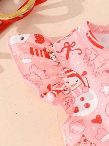 Cartoon Print Cap Sleeve Round Neck Casual Dress For Young Girls