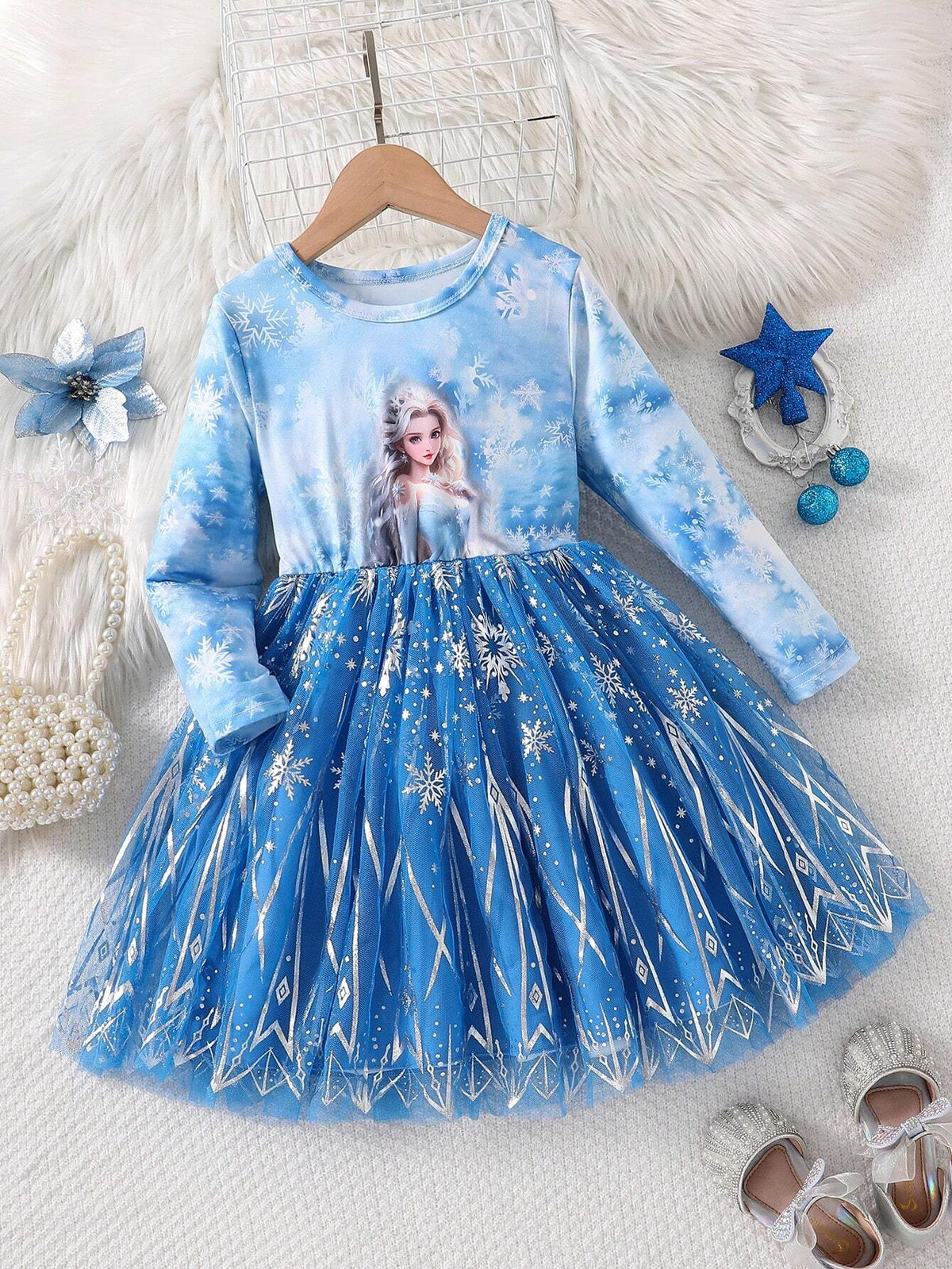 Cartoon Print Round Neck Long Sleeve Mesh Overlay Girls Dress