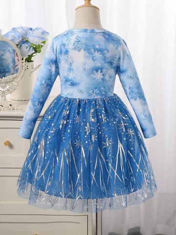 Cartoon Print Round Neck Long Sleeve Mesh Overlay Girls Dress