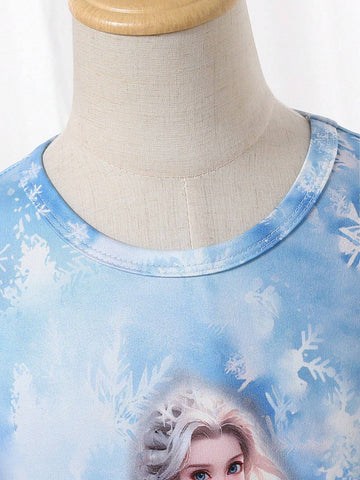 Cartoon Print Round Neck Long Sleeve Mesh Overlay Girls Dress