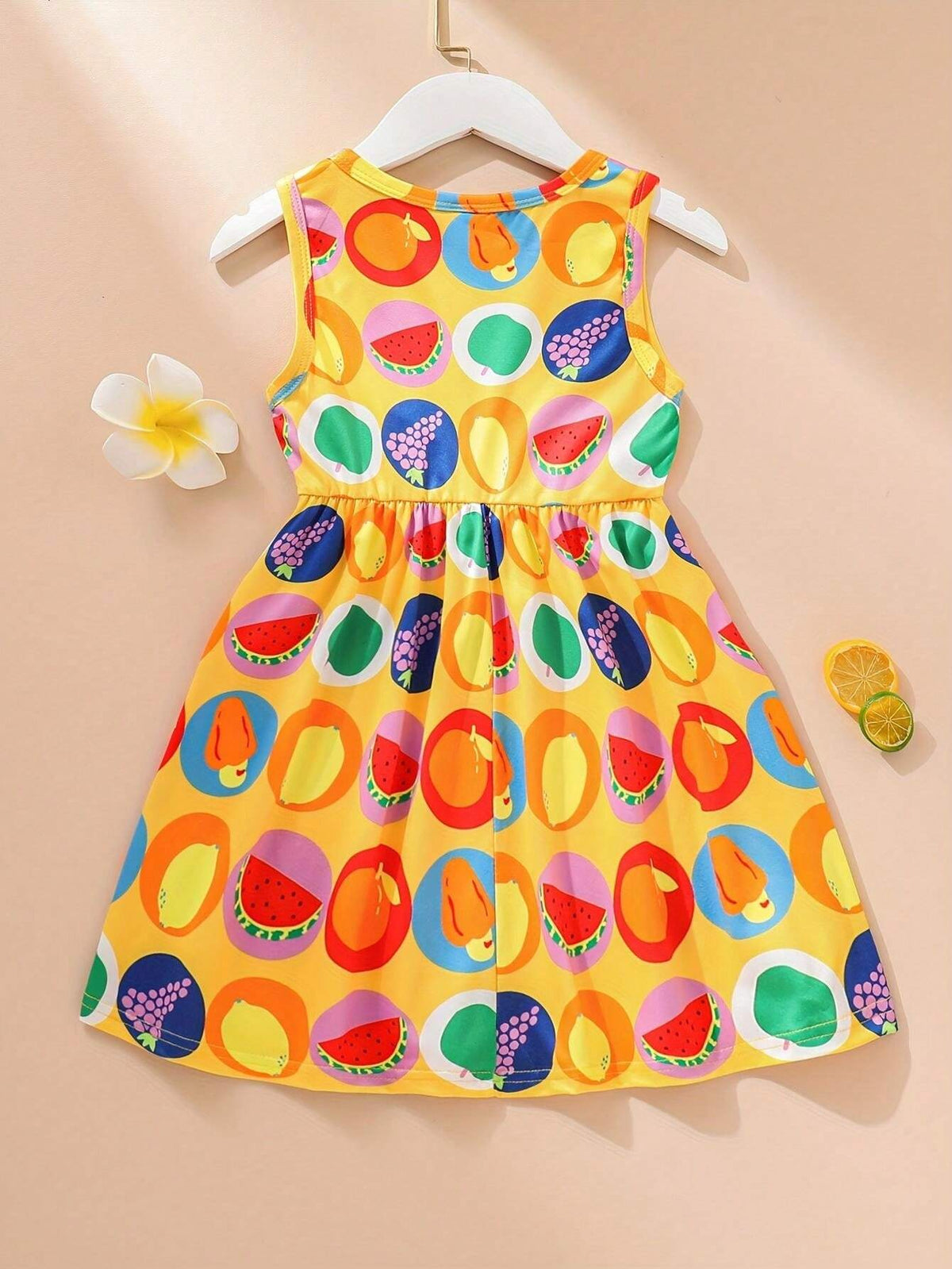 Casual And Cute Girls' Summer Fruit Allover Print Princess Dress, Sleeveless, Round Neck, Comfortable And Breathable, Waist Belted, Lightweight, Suitable For Primary School Students, Ideal For Outdoors, Vacations, And Parties.