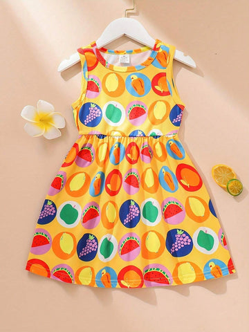 Casual And Cute Girls' Summer Fruit Allover Print Princess Dress, Sleeveless, Round Neck, Comfortable And Breathable, Waist Belted, Lightweight, Suitable For Primary School Students, Ideal For Outdoors, Vacations, And Parties.