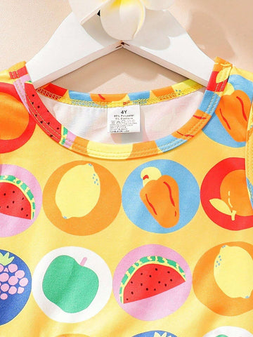 Casual And Cute Girls' Summer Fruit Allover Print Princess Dress, Sleeveless, Round Neck, Comfortable And Breathable, Waist Belted, Lightweight, Suitable For Primary School Students, Ideal For Outdoors, Vacations, And Parties.