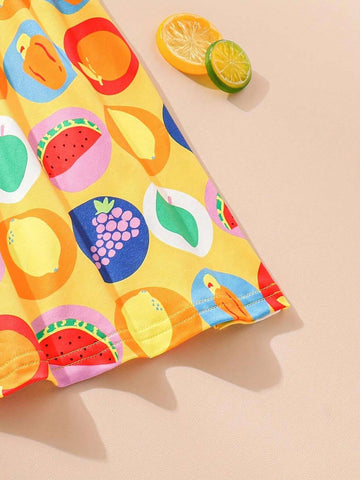 Casual And Cute Girls' Summer Fruit Allover Print Princess Dress, Sleeveless, Round Neck, Comfortable And Breathable, Waist Belted, Lightweight, Suitable For Primary School Students, Ideal For Outdoors, Vacations, And Parties.