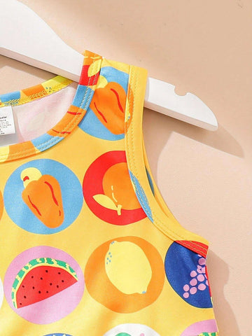 Casual And Cute Girls' Summer Fruit Allover Print Princess Dress, Sleeveless, Round Neck, Comfortable And Breathable, Waist Belted, Lightweight, Suitable For Primary School Students, Ideal For Outdoors, Vacations, And Parties.