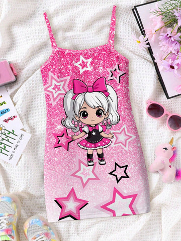 Casual And Simple Cartoon Girl, Star, Ombre Glitter Patterned Midi Length Cami Dress For Cute Girls, Cool Girls And Young Girls, Suitable For Summer, Party Outfit