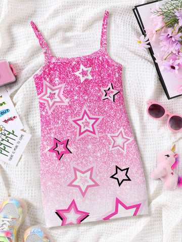 Casual And Simple Cartoon Girl, Star, Ombre Glitter Patterned Midi Length Cami Dress For Cute Girls, Cool Girls And Young Girls, Suitable For Summer, Party Outfit