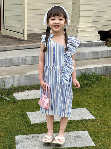 Casual Blue Striped Print Oblique-Shoulder Dress With Bow Tie And Ruffle Hemline For Little Girls