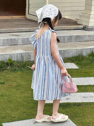 Casual Blue Striped Print Oblique-Shoulder Dress With Bow Tie And Ruffle Hemline For Little Girls