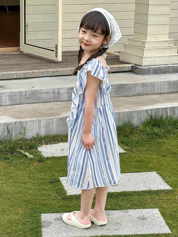 Casual Blue Striped Print Oblique-Shoulder Dress With Bow Tie And Ruffle Hemline For Little Girls