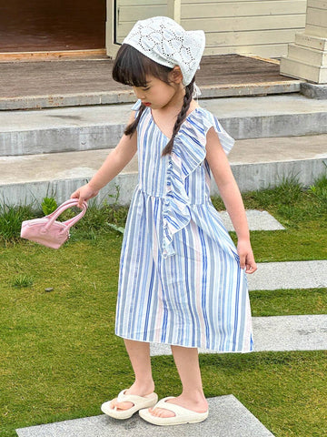 Casual Blue Striped Print Oblique-Shoulder Dress With Bow Tie And Ruffle Hemline For Little Girls